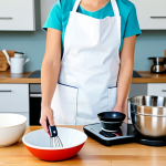 A professional home baker in a modest, clean, professional apron over appropriate attire, standing in a brightly lit, modern, clean kitchen. On the counter, neatly arranged essential baking tools include a precise digital kitchen scale, a set of metal measuring cups and spoons, a silicone spatula, a sturdy whisk, and a clean mixing bowl. Professional photography, high-resolution, sharp focus, natural light, realistic, perfect anatomy, correct proportions, well-formed hands, proper finger count, natural body proportions, fully clothed, modest clothing, appropriate attire, professional dress, safe for work, appropriate content, family-friendly.