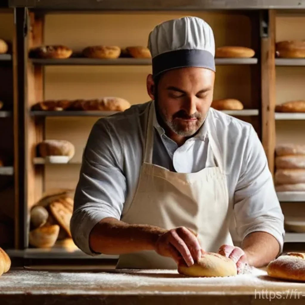 제빵사가 되기 위해 필요한 필수 역량 - **Prompt:** A male baker in his late 30s, with a concentrated and passionate expression, is intensel...