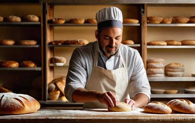 제빵사가 되기 위해 필요한 필수 역량 - **Prompt:** A male baker in his late 30s, with a concentrated and passionate expression, is intensel...