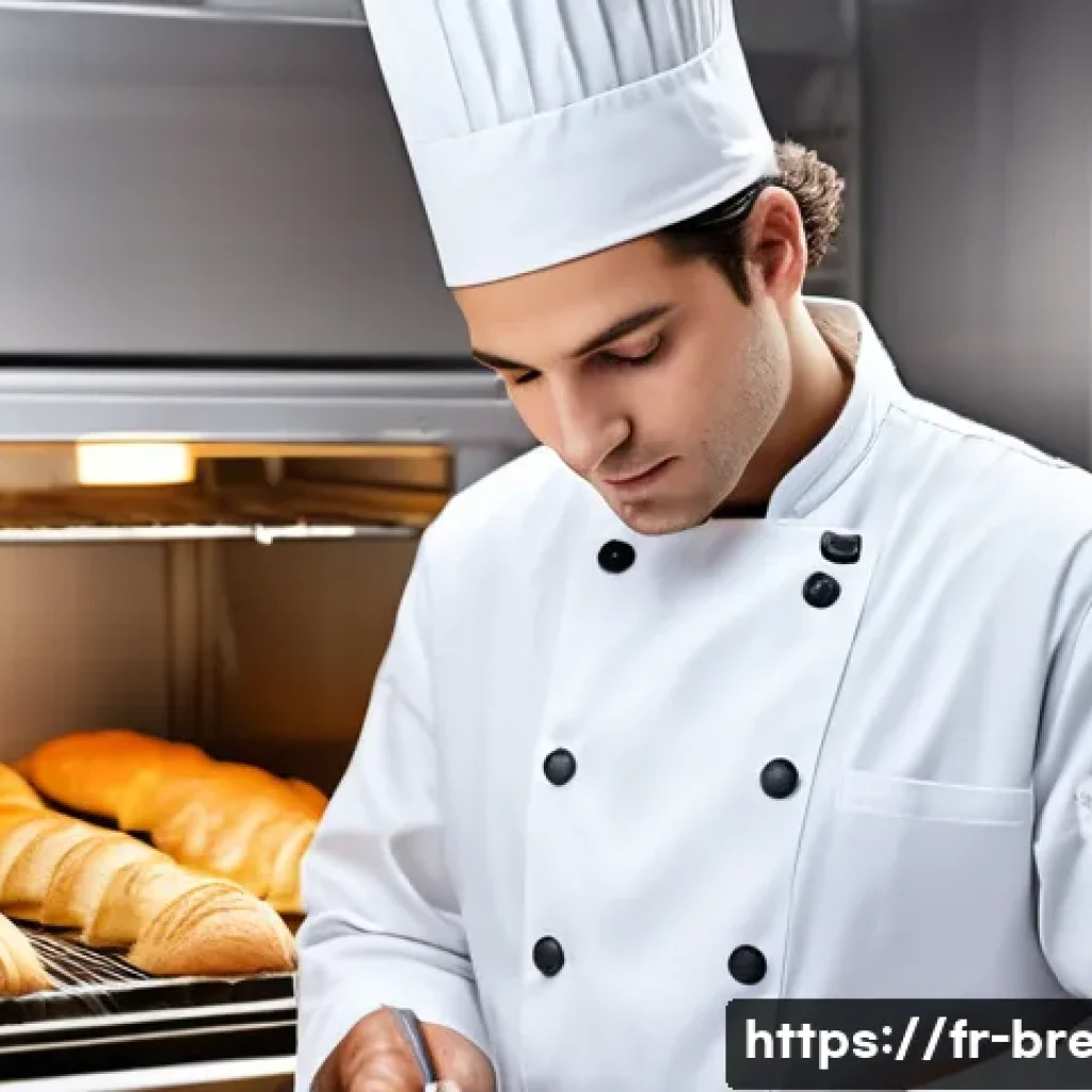 제빵사가 공부해야 할 식품위생법 - A professional French baker, with a focused and experienced expression, wearing a spotless white che...