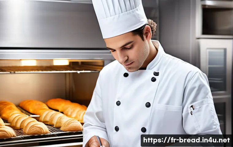 제빵사가 공부해야 할 식품위생법 - A professional French baker, with a focused and experienced expression, wearing a spotless white che...