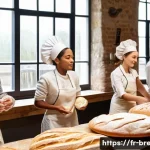 Home 22 제빵사 협회와 가입 장점 - A lively French bakery workshop scene showing a diverse group of professional bakers—men and women w...