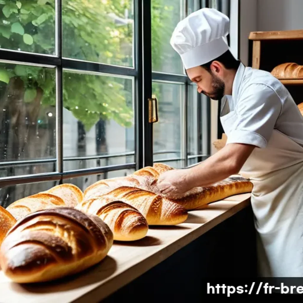 제빵사 연봉 협상 전략 - A French artisan bakery interior in Lyon with a skilled baker in his mid-30s wearing a white apron a...