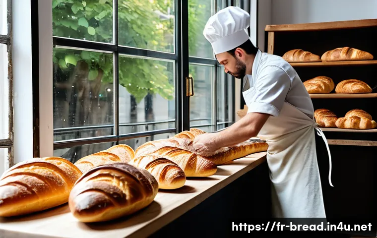 제빵사 연봉 협상 전략 - A French artisan bakery interior in Lyon with a skilled baker in his mid-30s wearing a white apron a...