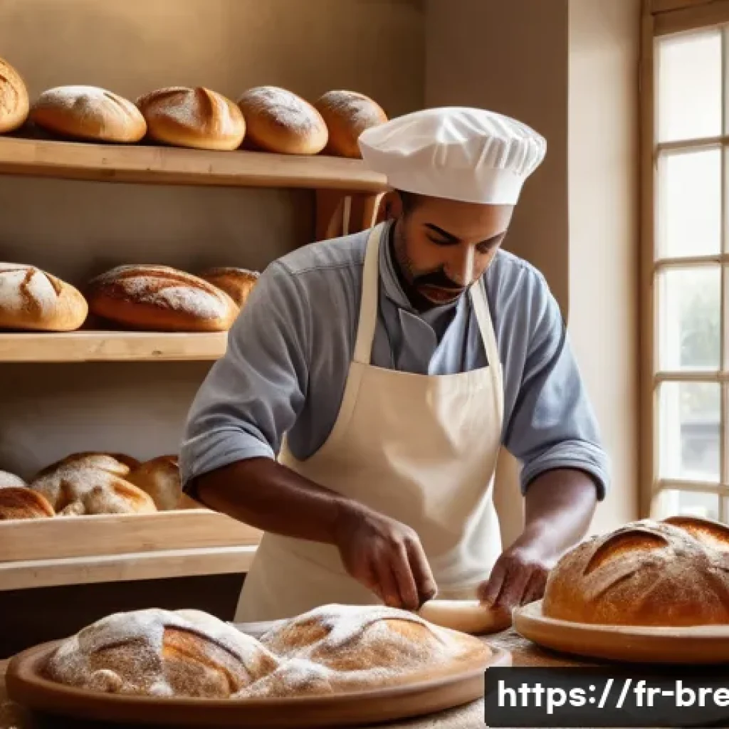 제빵사로서 일하는 즐거움과 보람 - A French artisan bakery interior at early dawn with warm natural light filtering through large windo...