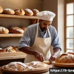 Home 19 제빵사로서 일하는 즐거움과 보람 - A French artisan bakery interior at early dawn with warm natural light filtering through large windo...