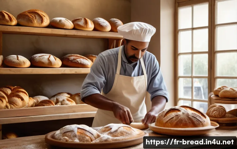 제빵사로서 일하는 즐거움과 보람 - A French artisan bakery interior at early dawn with warm natural light filtering through large windo...