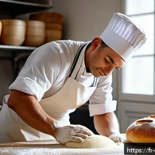 Home 30 제빵 자격증 실기 시험 대비 - A professional baker in a modern French bakery kitchen carefully kneading dough on a wooden work sur...