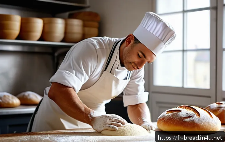 제빵 자격증 실기 시험 대비 - A professional baker in a modern French bakery kitchen carefully kneading dough on a wooden work sur...