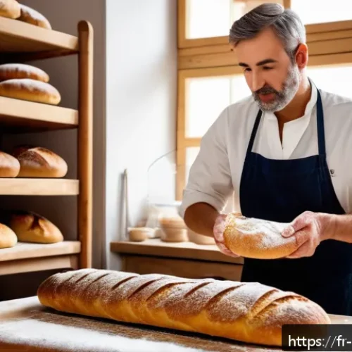 Home 17 제빵과 제과의 차이점 - A rustic French artisan bakery scene showcasing a baker kneading dough with visible gluten strands, ...