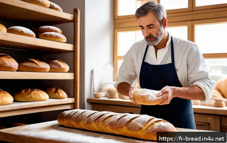제빵과 제과의 차이점 - A rustic French artisan bakery scene showcasing a baker kneading dough with visible gluten strands, ...