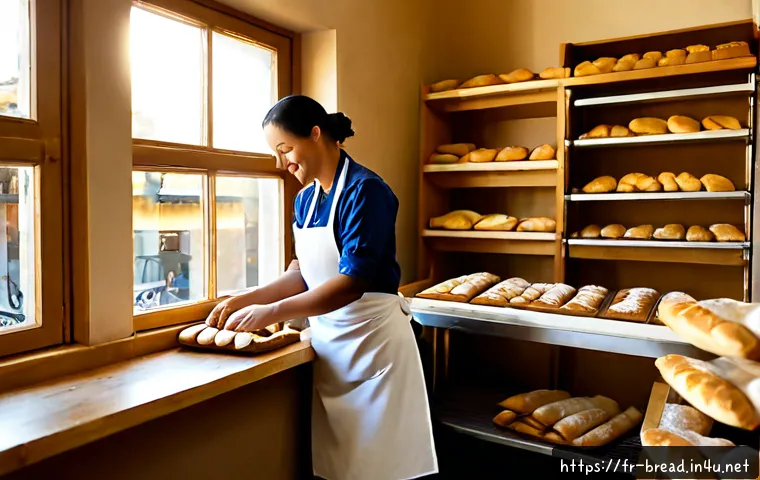 Home 17 제빵사 워라밸 유지 비결 - Photorealistic French artisan baker in a clean neighborhood bakery, calmly arranging fresh baguettes...